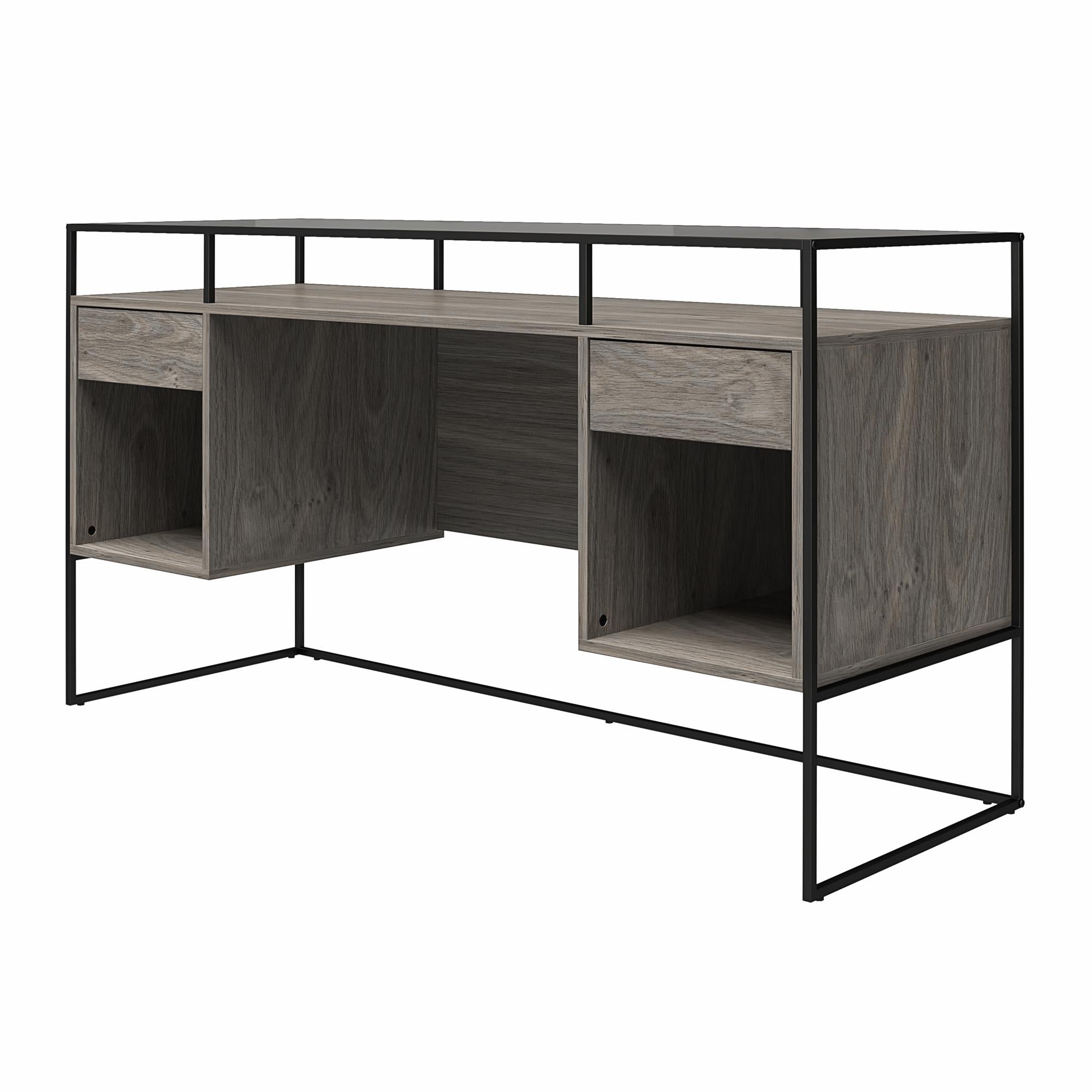 Ameriwood Home Camley Modern Desk with Fluted Glass Top, 2 Drawers and Storage - Gray Oak