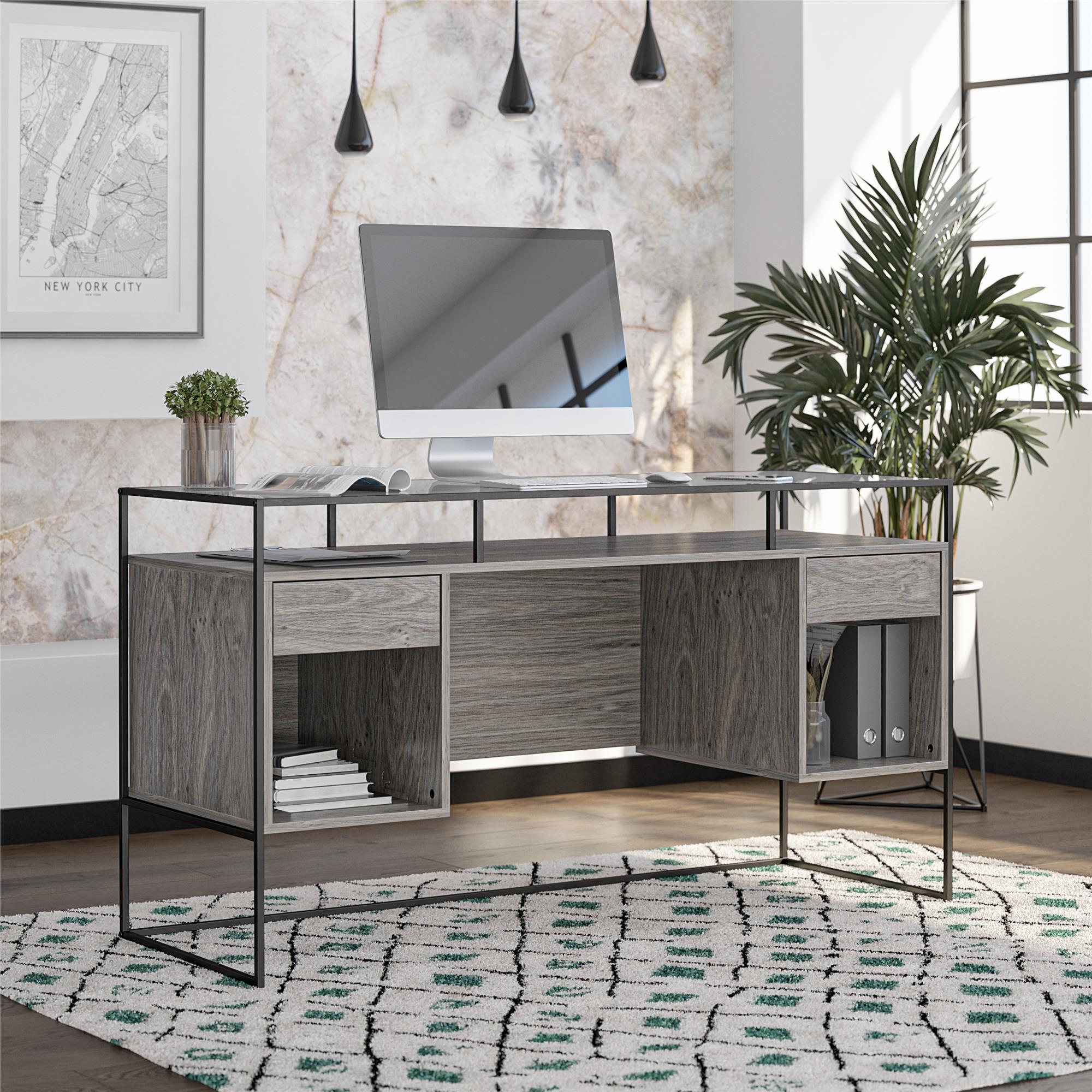 Ameriwood Home Camley Modern Desk with Fluted Glass Top, 2 Drawers and Storage - Gray Oak