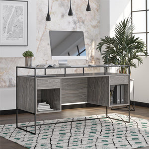 Ameriwood Home Camley Modern Desk with Fluted Glass Top, 2 Drawers and Storage - Gray Oak
