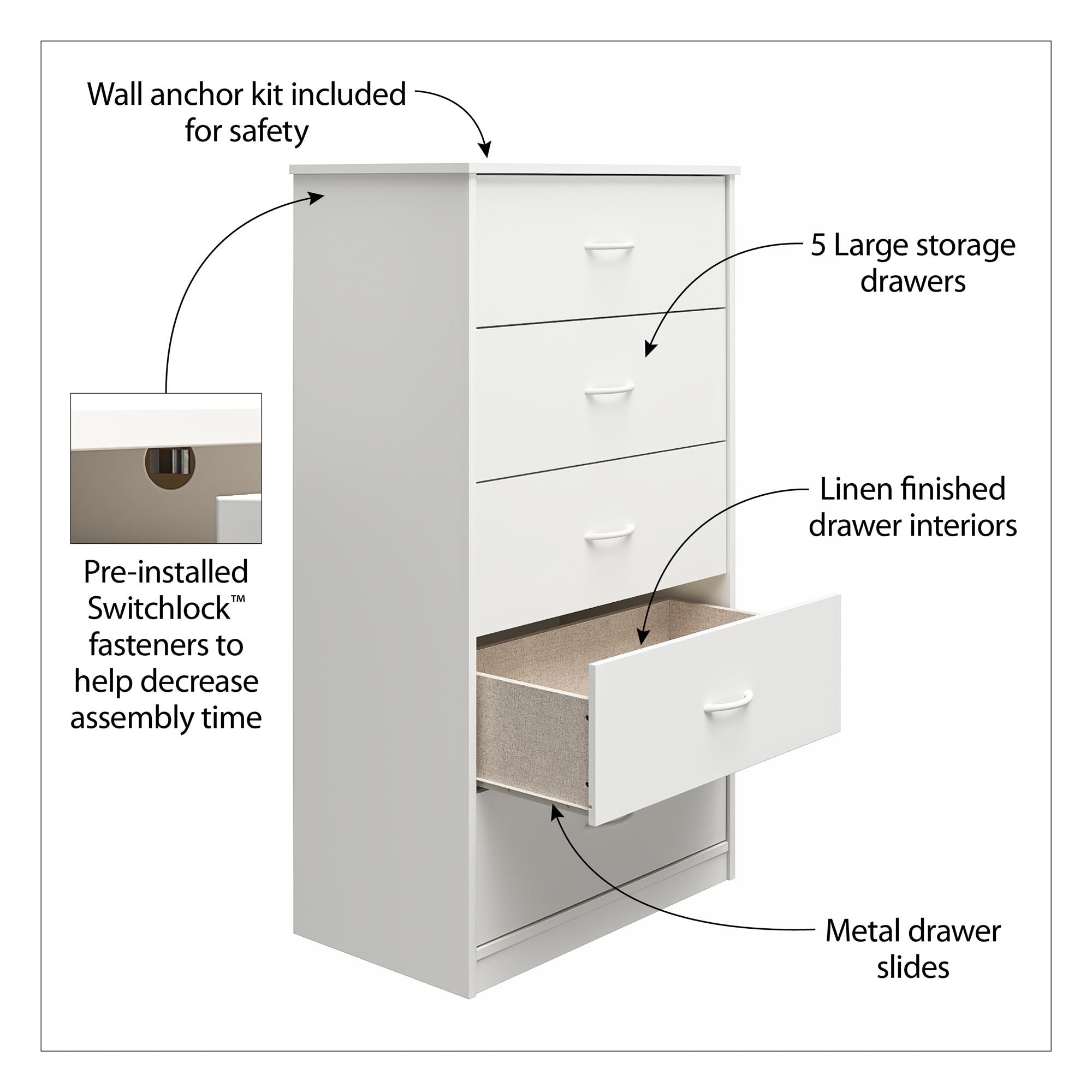 Ameriwood Home Emery 5 Drawer Dresser - Black Oak - 5 Drawer