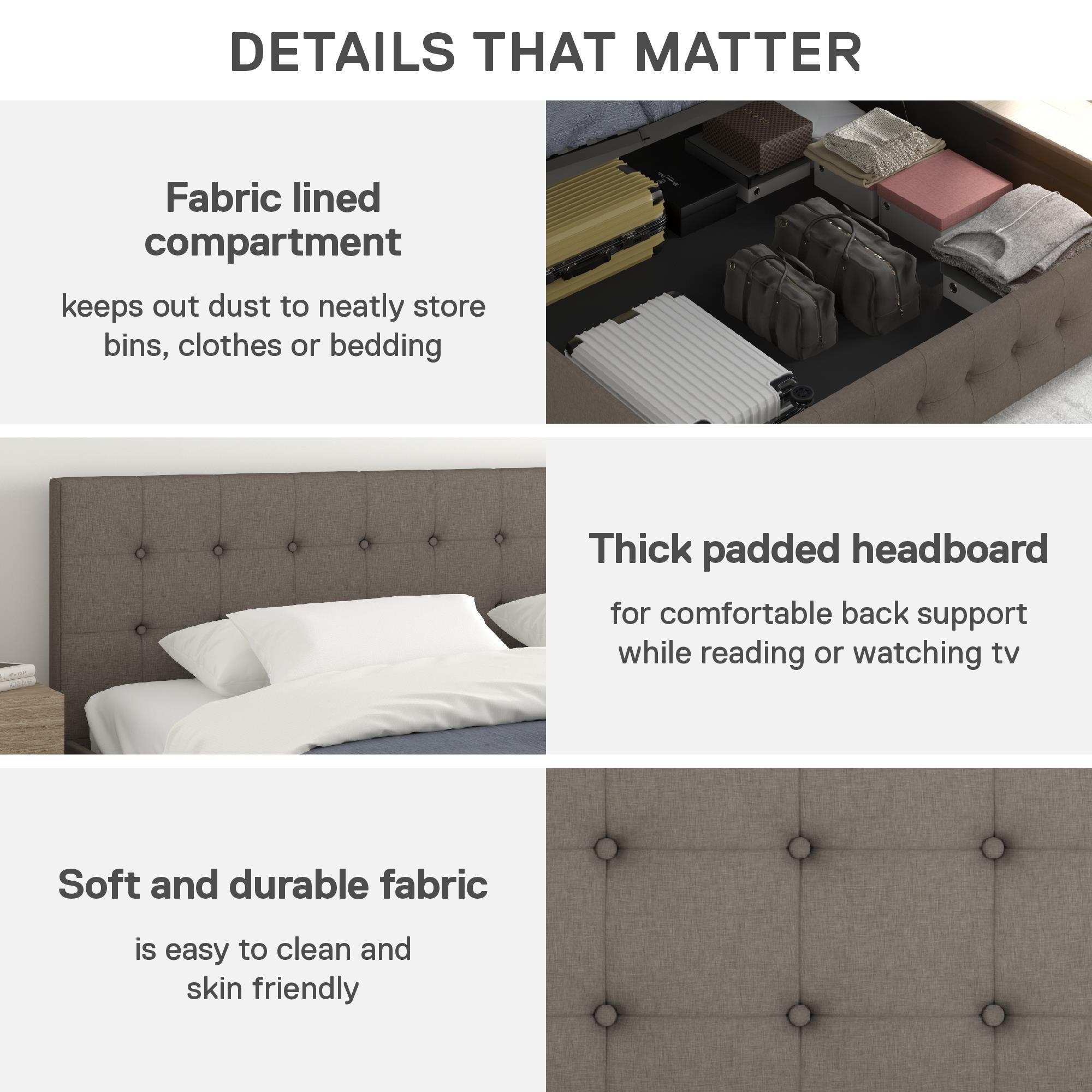 DHP Cambridge Upholstered Bed with Storage - Grey Linen - King