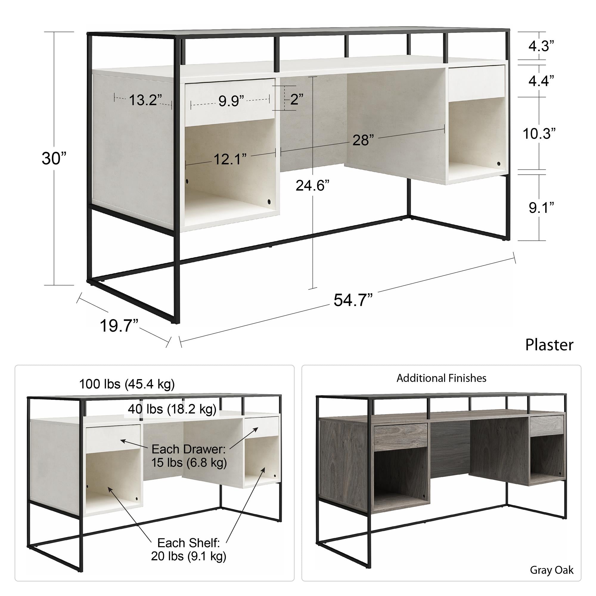Ameriwood Home Camley Modern Desk with Fluted Glass Top, 2 Drawers and Storage - Gray Oak