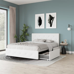 DHP Dakota Upholstered Bed Frame with Drawers - White Faux leather - Queen