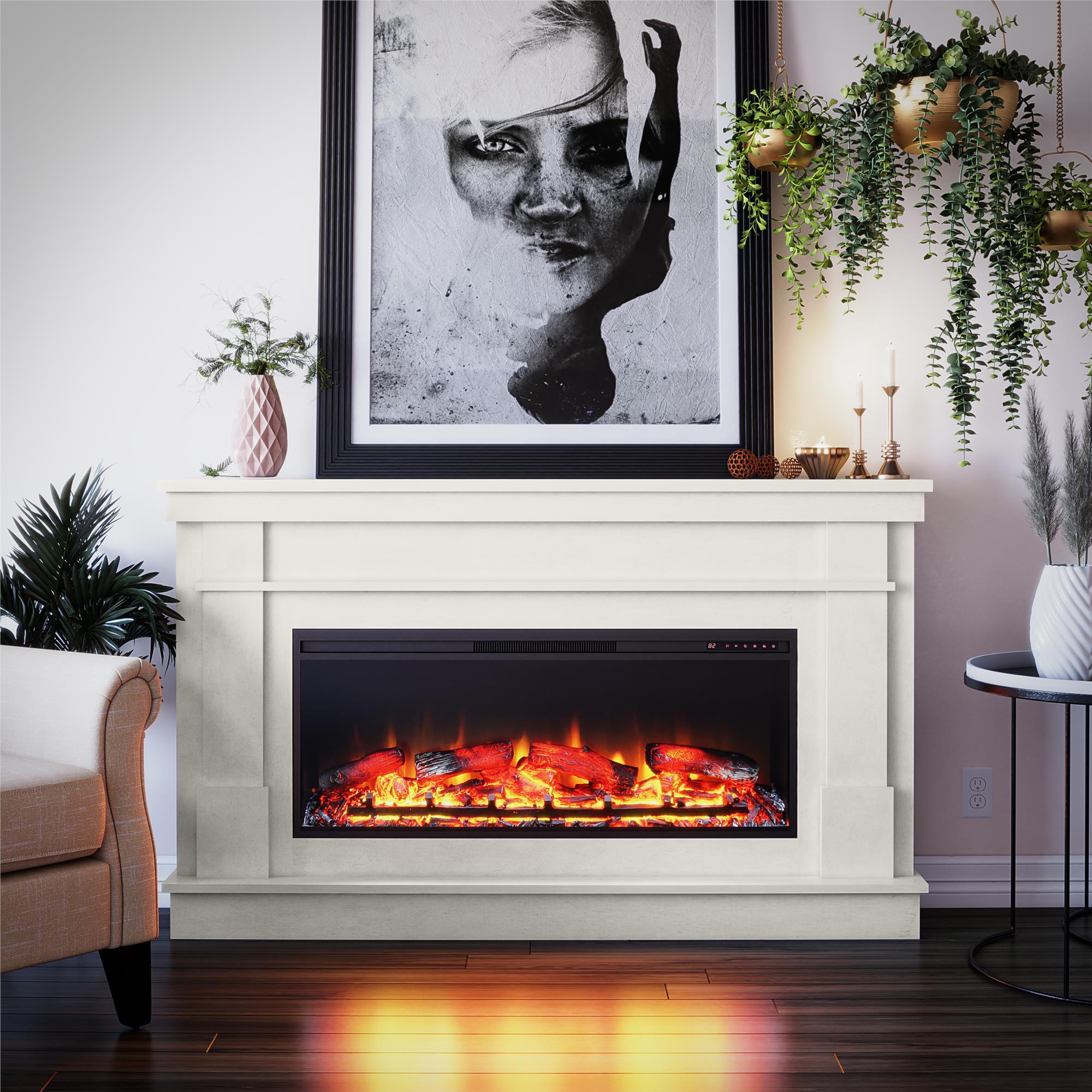 Ameriwood Home Elmcroft Wide Mantel with Linear Electric Fireplace - Plaster