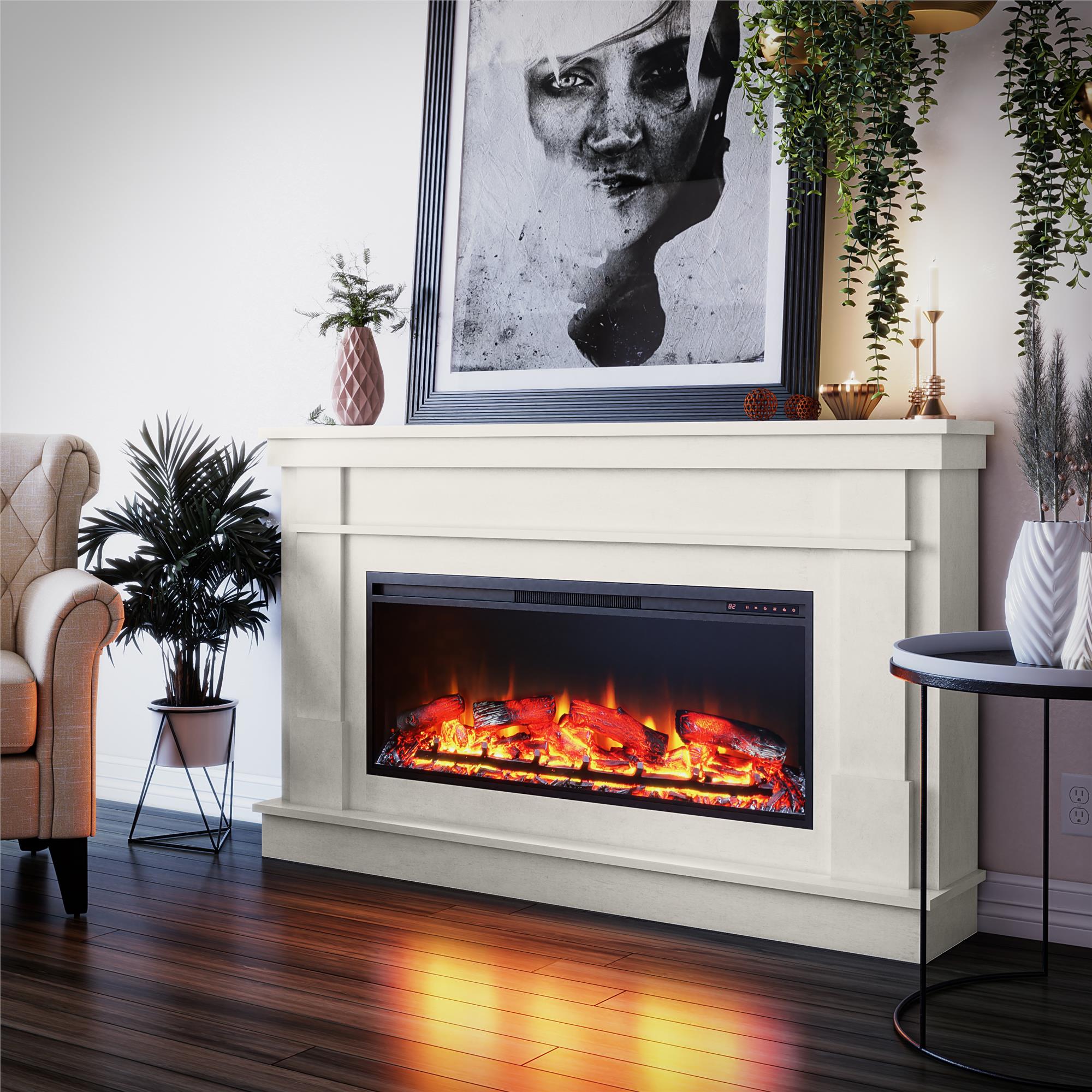 Ameriwood Home Elmcroft Wide Mantel with Linear Electric Fireplace - Plaster