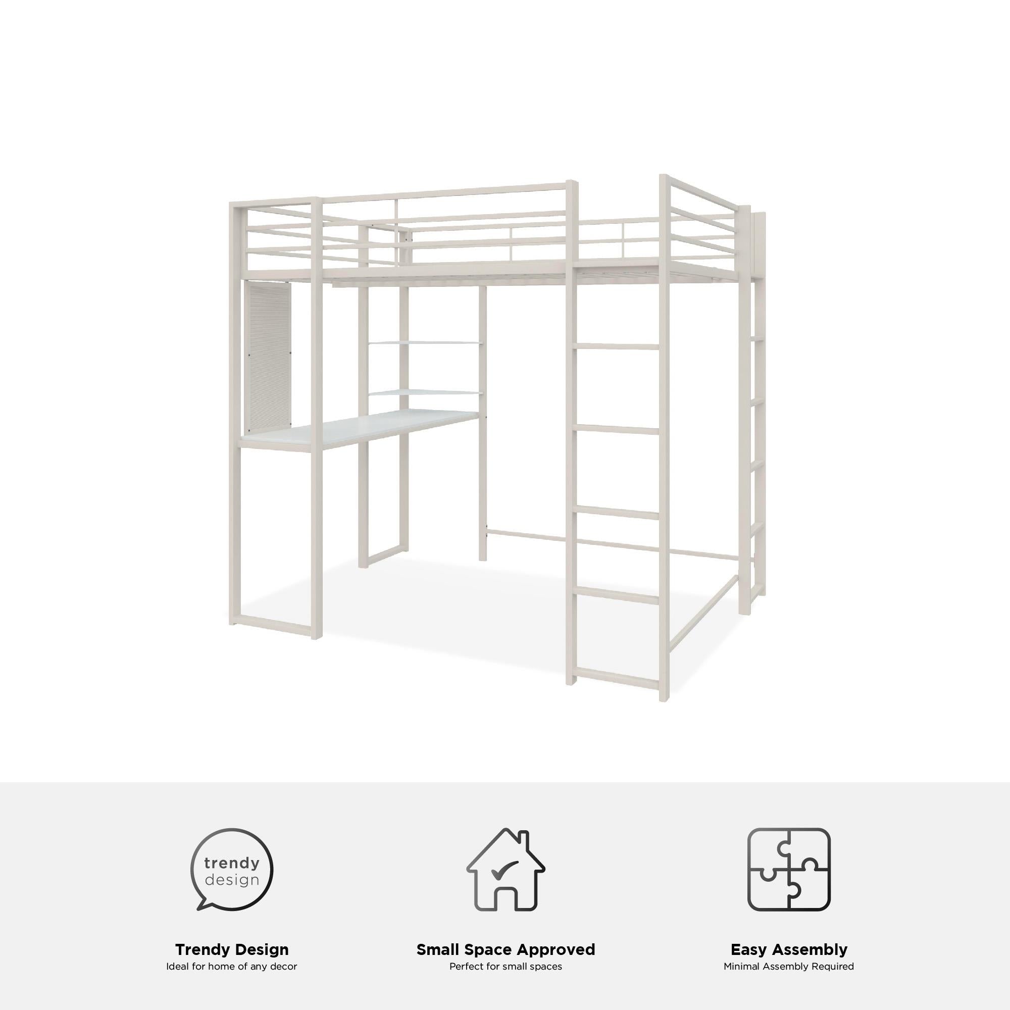 DHP Abode Metal Loft Bed with Desk and Shelves - White - Full