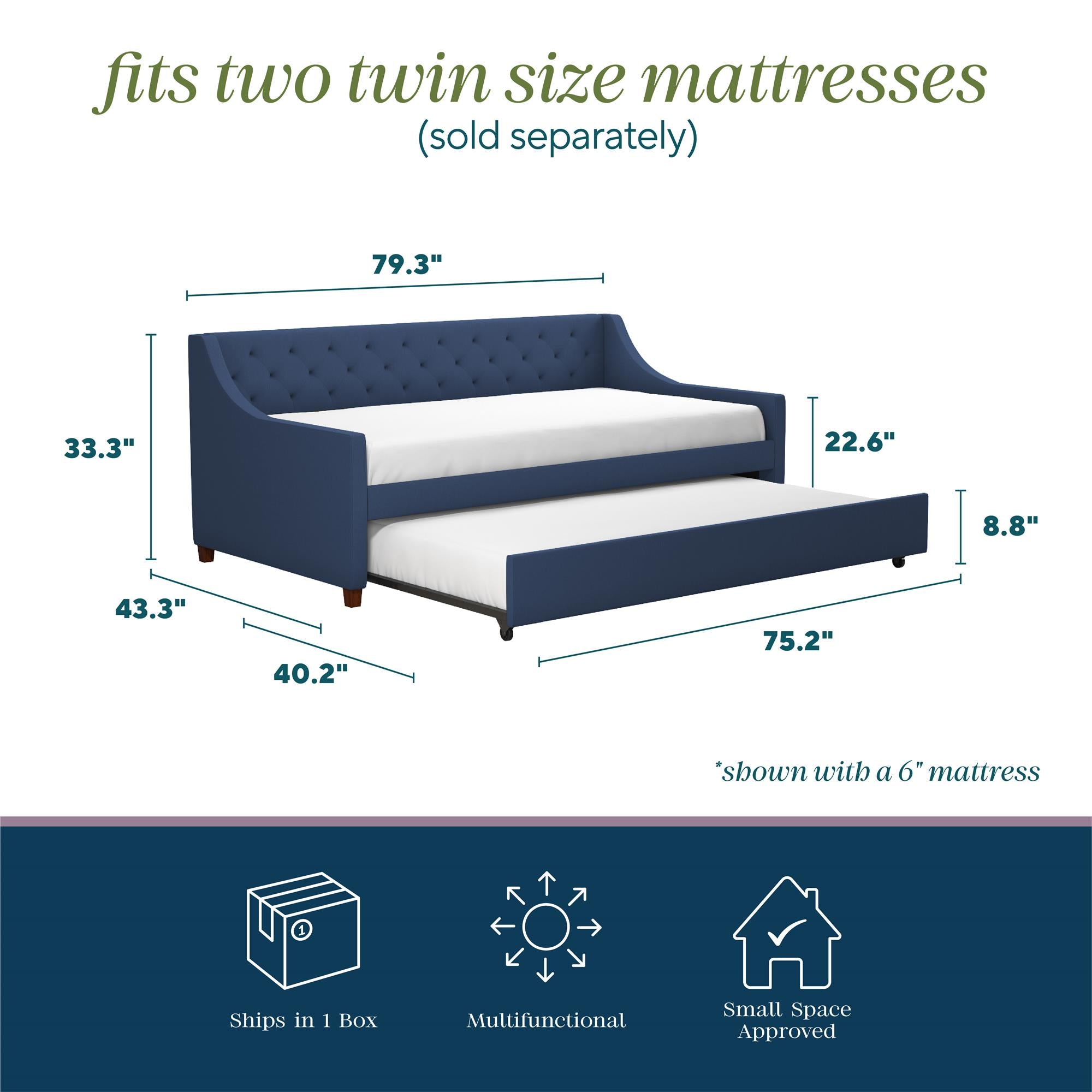 Novogratz Her Majesty Daybed and Trundle - Blue Linen - Twin