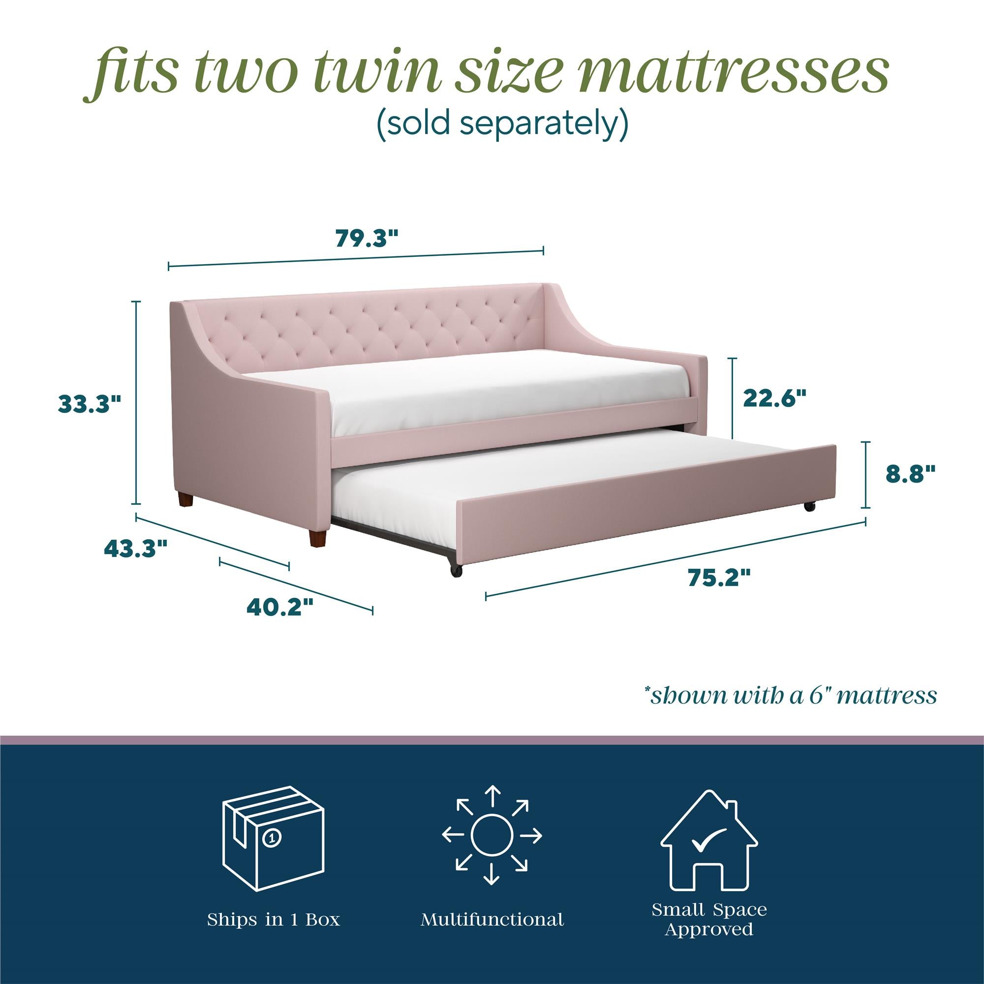 Novogratz Her Majesty Daybed and Trundle - Light Pink - Twin