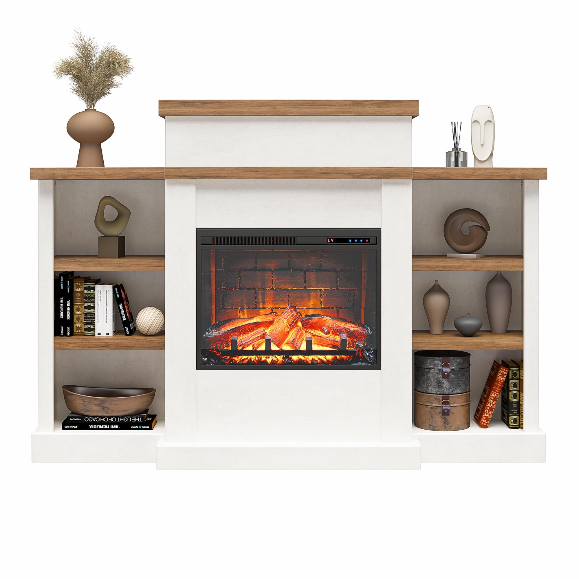 Ameriwood Home Gateswood Electric Fireplace with Mantel and Bookcase - Plaster