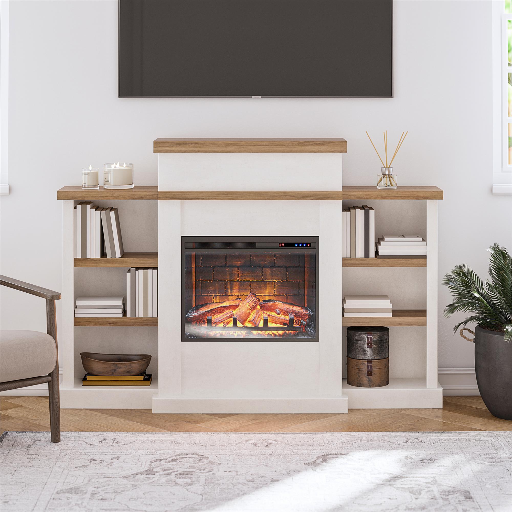 Ameriwood Home Gateswood Electric Fireplace with Mantel and Bookcase - Plaster