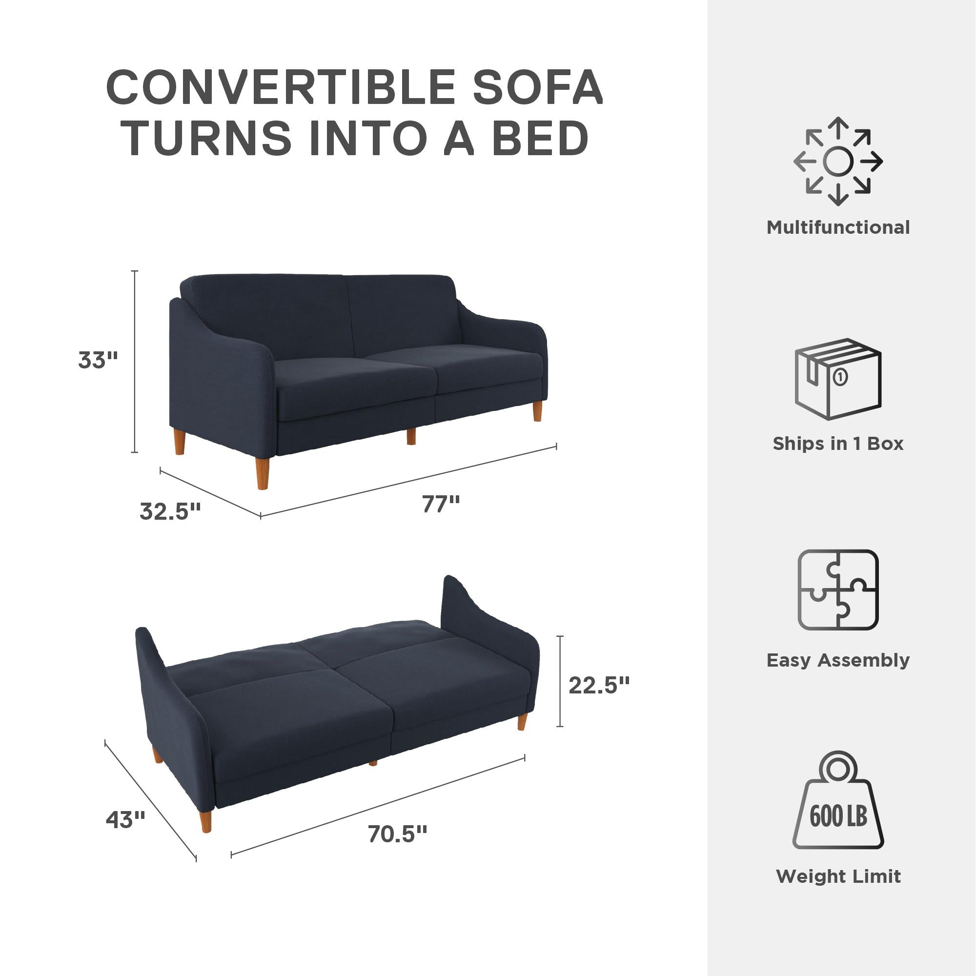 DHP Jasper Futon Sofa Bed - Navy