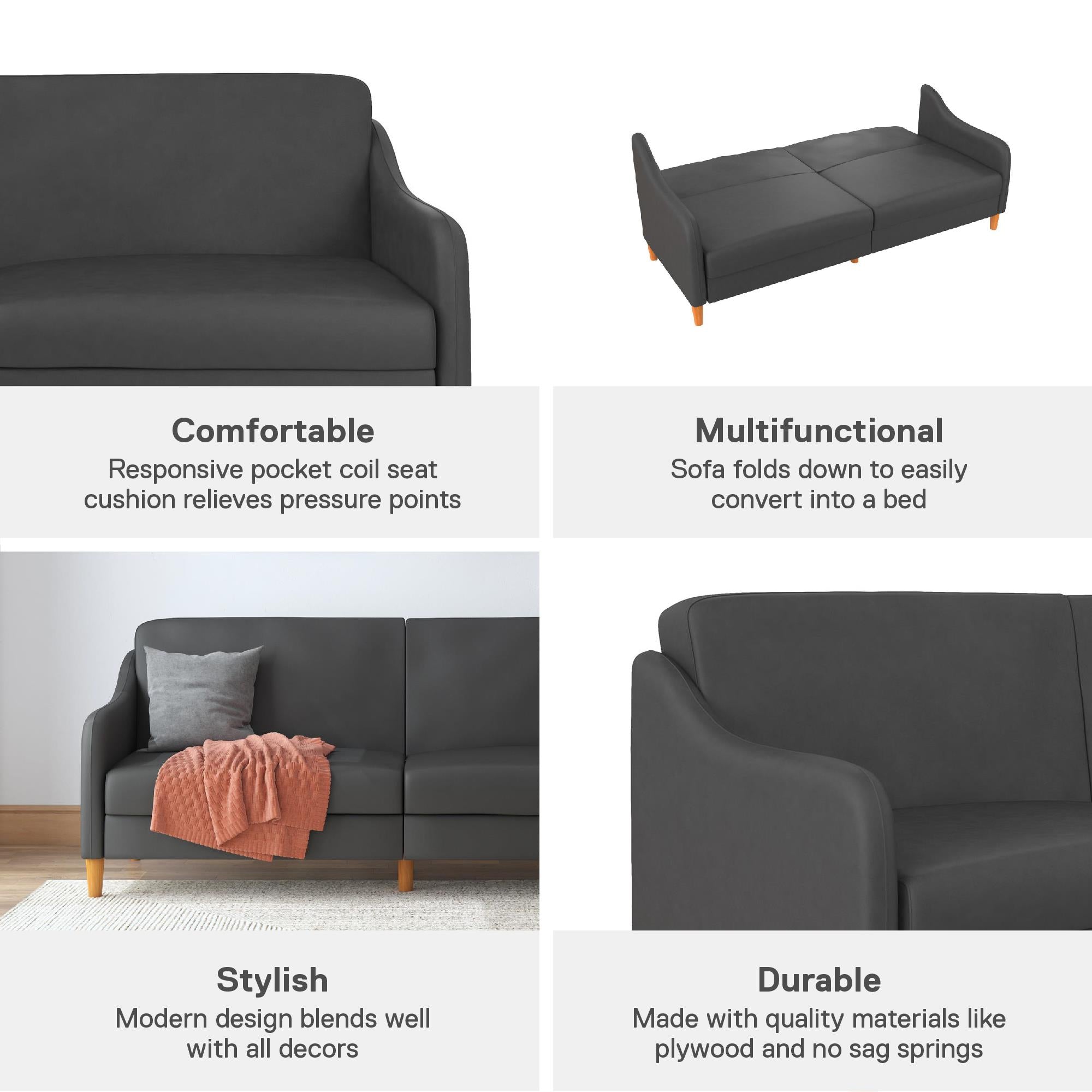 DHP Jasper Futon Sofa Bed - Dark Gray