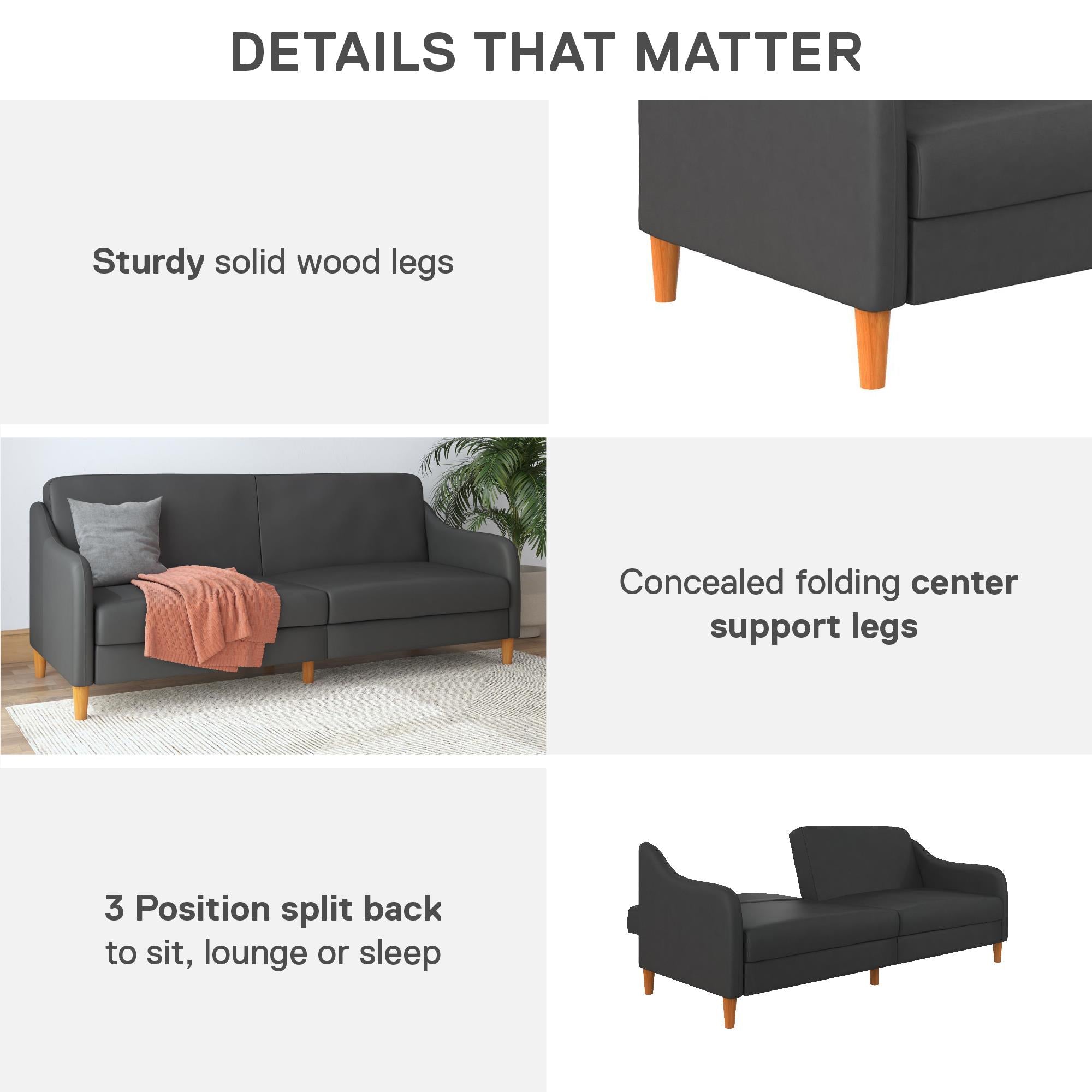 DHP Jasper Futon Sofa Bed - Dark Gray