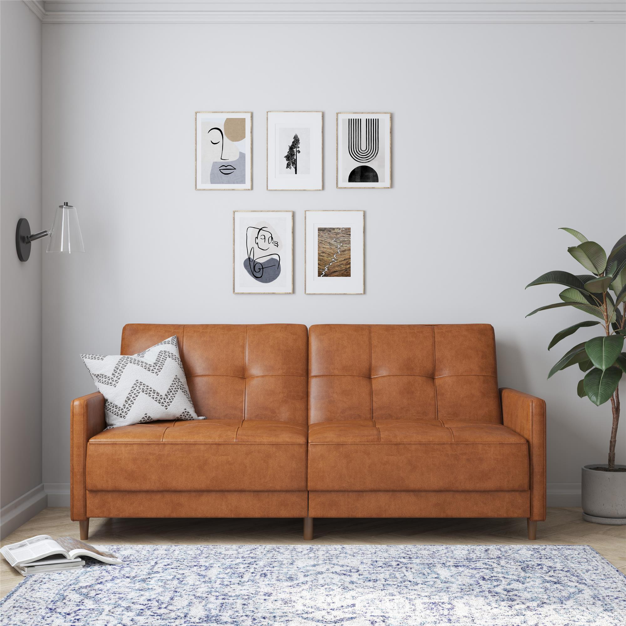 DHP Andora Futon Sofa Bed - Camel Faux Leather