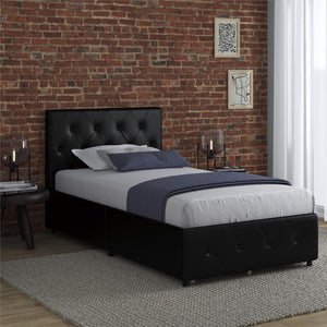 DHP Dakota Upholstered Bed Frame with Drawers - Black Faux Leather - Twin