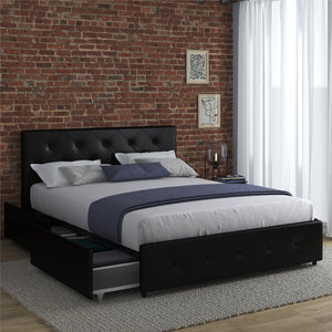 DHP Dakota Upholstered Bed Frame with Drawers - Black Faux Leather - Full