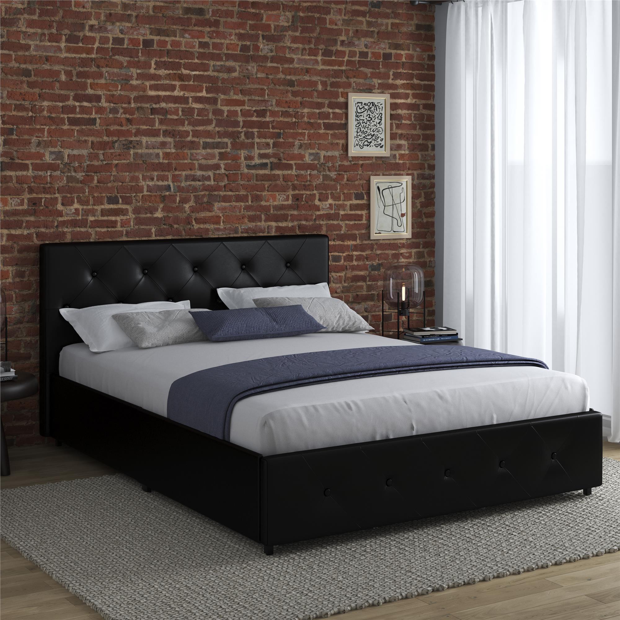 DHP Dakota Upholstered Bed Frame with Drawers - Black Faux Leather - Queen