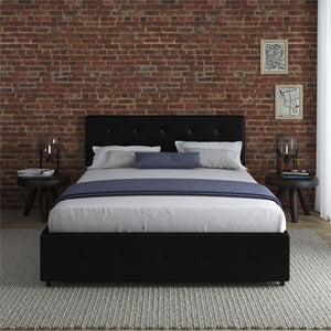 DHP Dakota Upholstered Bed Frame with Drawers - Black Faux Leather - Queen