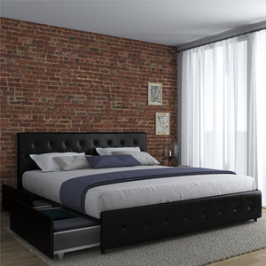 DHP Dakota Upholstered Bed Frame with Drawers - Black Faux Leather - King