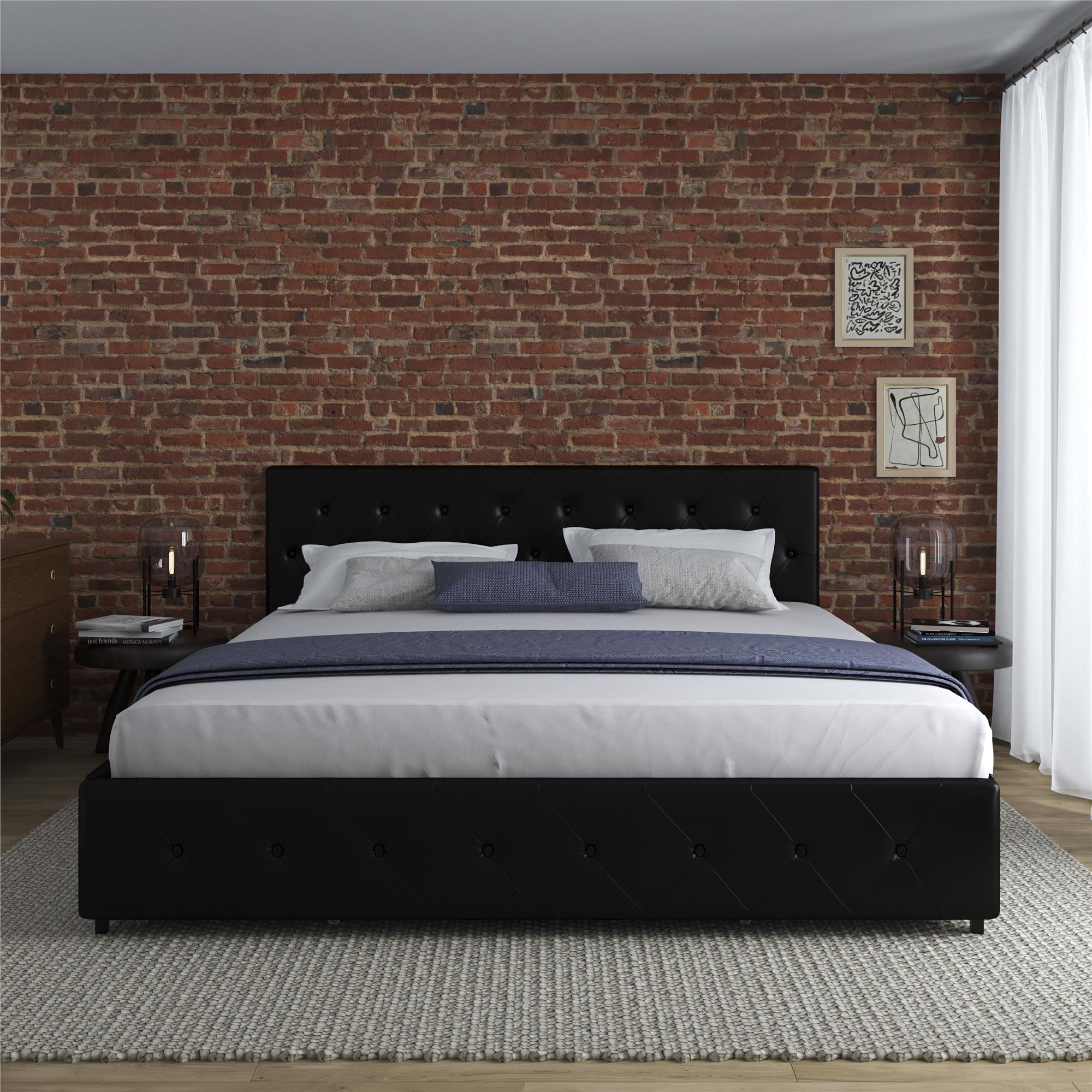 DHP Dakota Upholstered Bed Frame with Drawers - Black Faux Leather - King