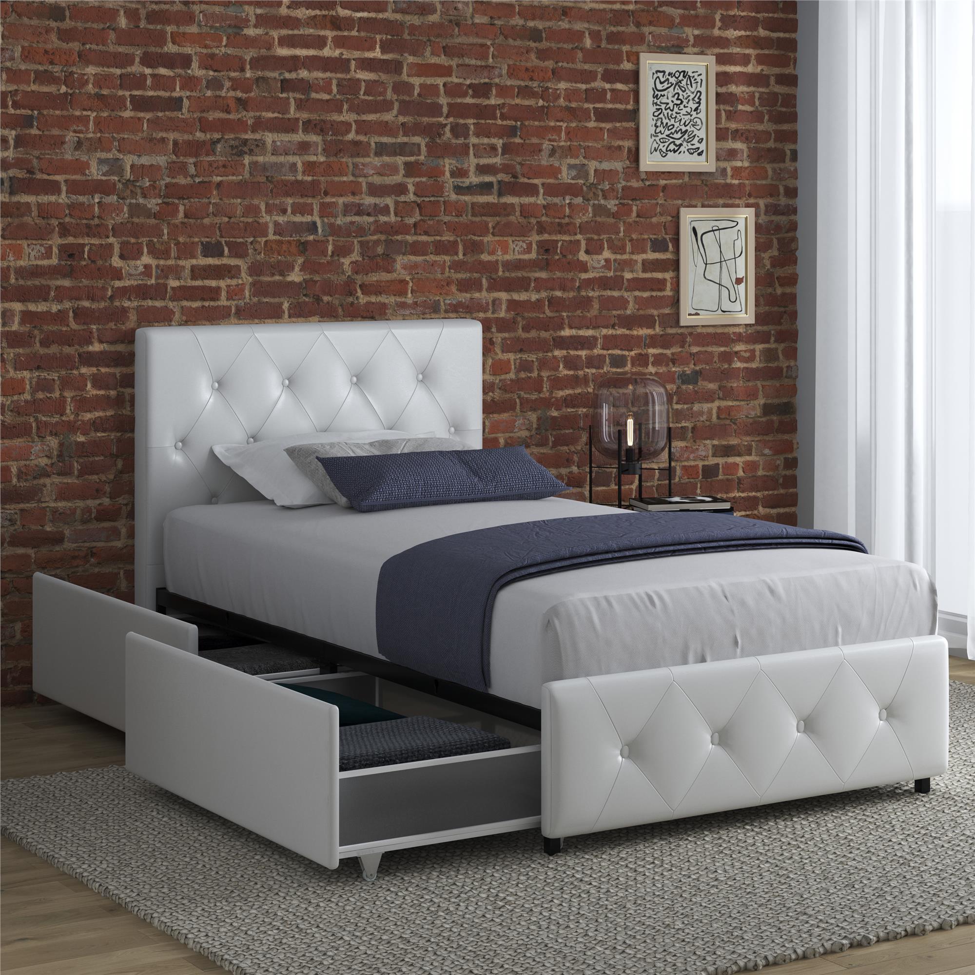 DHP Dakota Upholstered Bed Frame with Drawers - White Faux leather - Twin