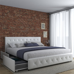 DHP Dakota Upholstered Bed Frame with Drawers - White Faux leather - King