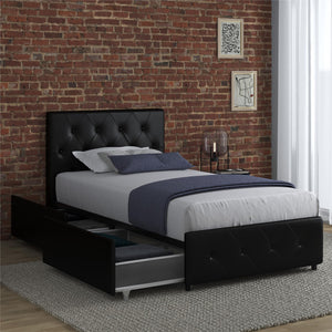 DHP Dakota Upholstered Bed Frame with Drawers - Black Faux Leather - Twin