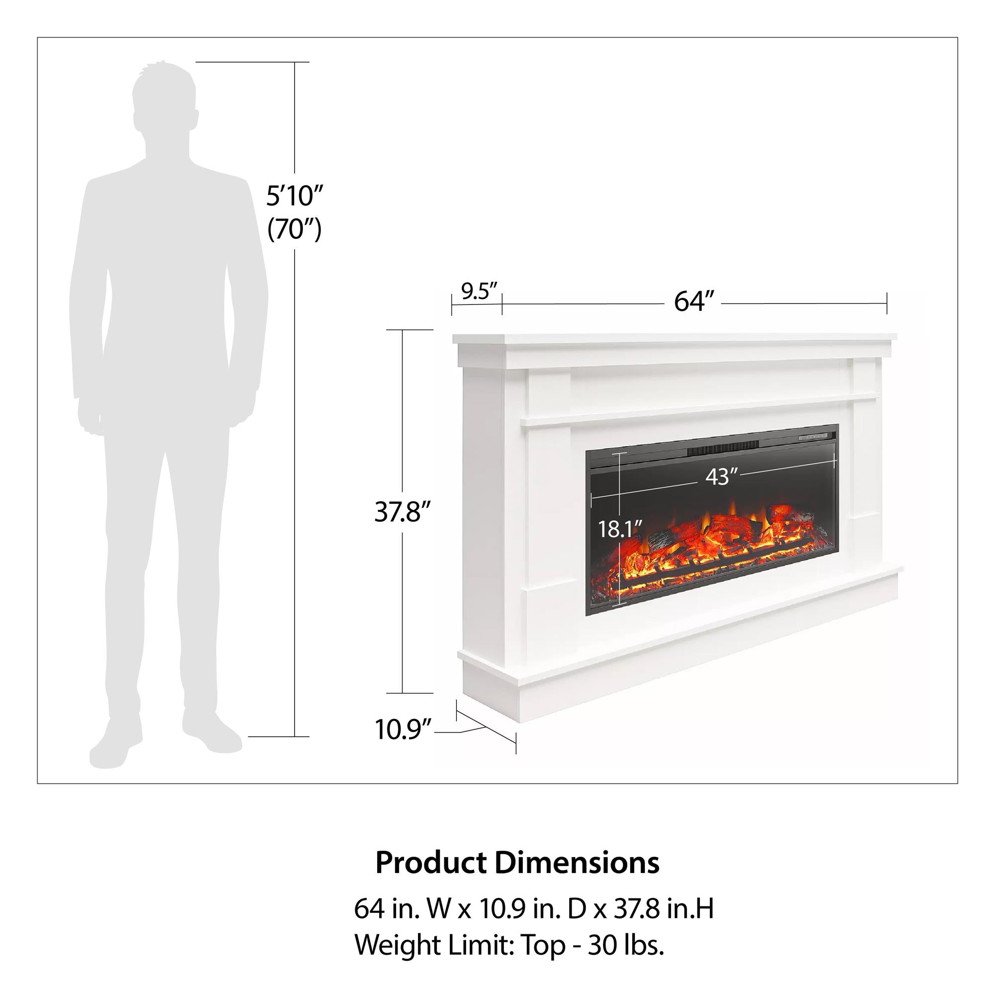 Ameriwood Home Elmcroft Wide Painted Mantel with Linear Electric Fireplace - White