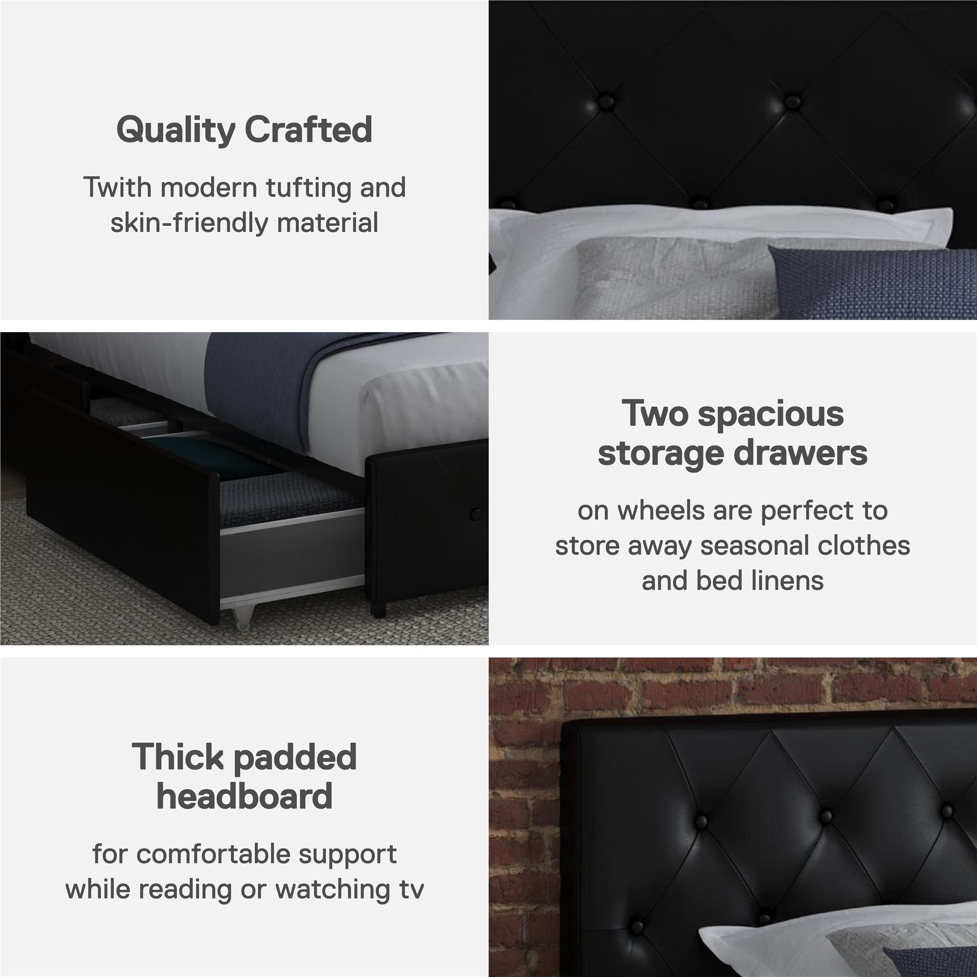 DHP Dakota Upholstered Bed Frame with Drawers - Black Faux Leather - Twin