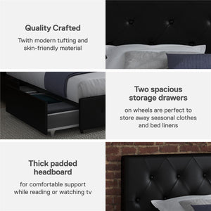 DHP Dakota Upholstered Bed Frame with Drawers - Black Faux Leather - Twin