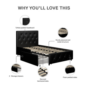 DHP Dakota Upholstered Bed Frame with Drawers - Black Faux Leather - Twin