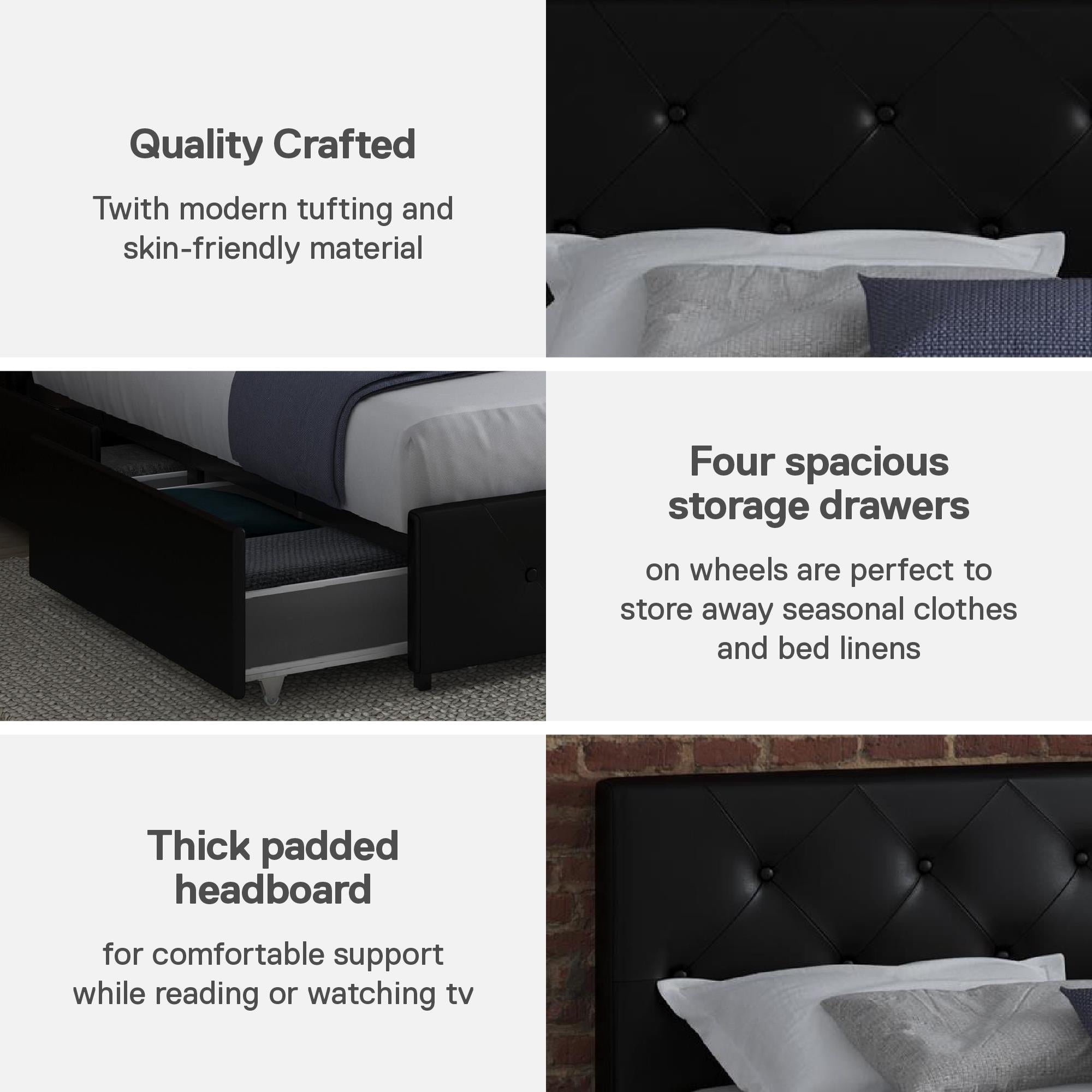 DHP Dakota Upholstered Bed Frame with Drawers - Black Faux Leather - Full