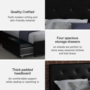 DHP Dakota Upholstered Bed Frame with Drawers - Black Faux Leather - Full