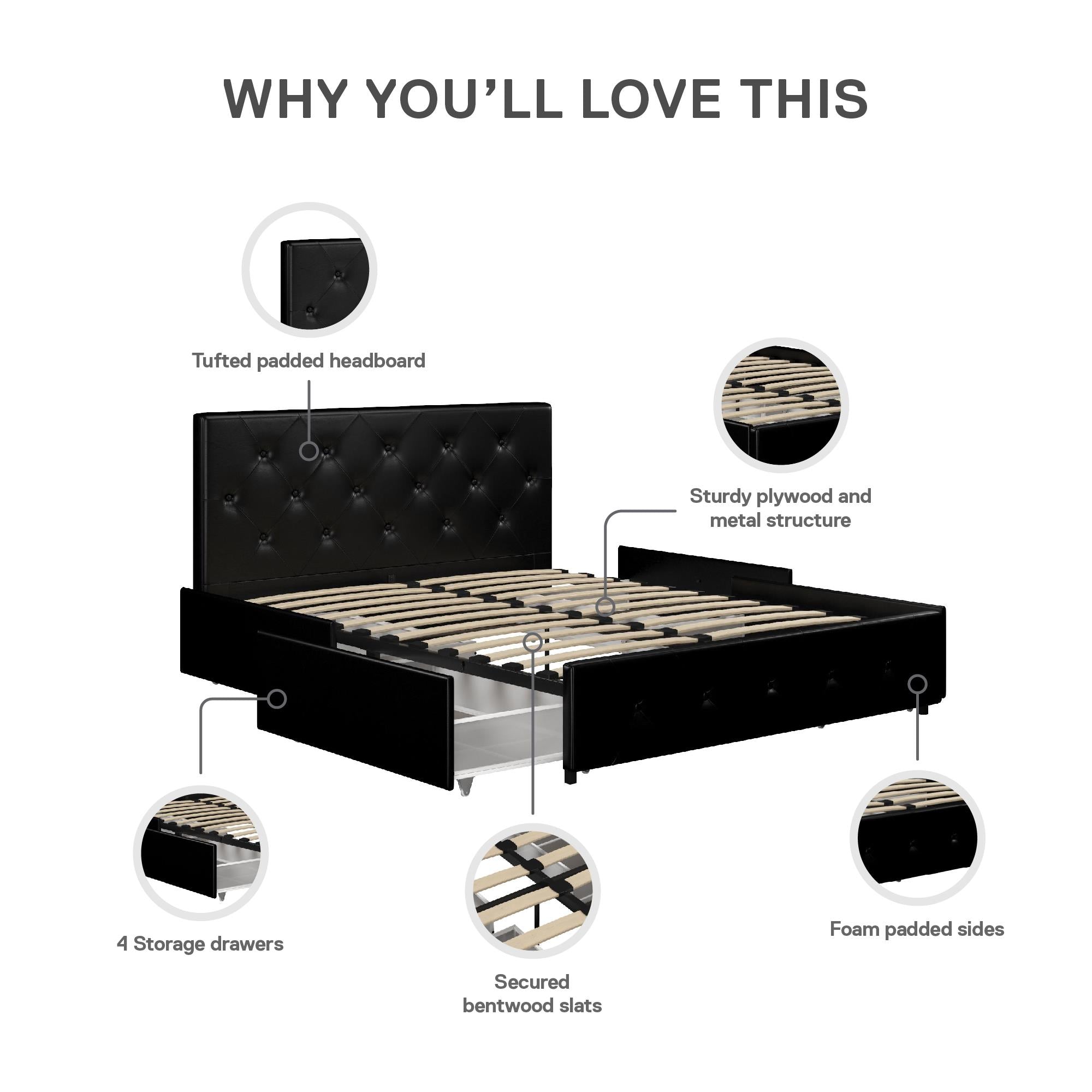 DHP Dakota Upholstered Bed Frame with Drawers - Black Faux Leather - Queen