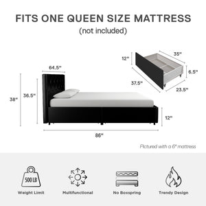 DHP Dakota Upholstered Bed Frame with Drawers - Black Faux Leather - Queen