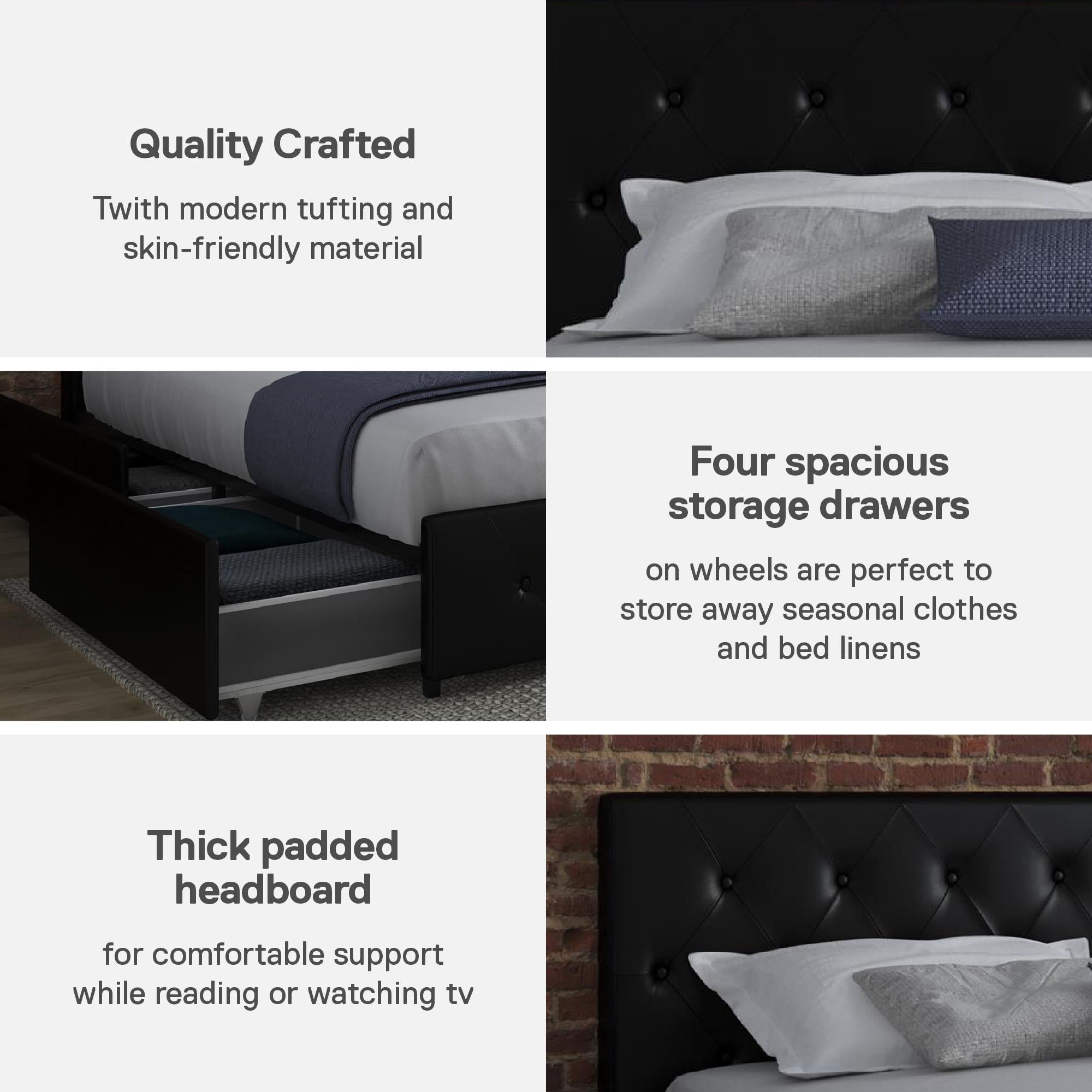 DHP Dakota Upholstered Bed Frame with Drawers - Black Faux Leather - King