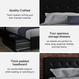 DHP Dakota Upholstered Bed Frame with Drawers - Black Faux Leather - King