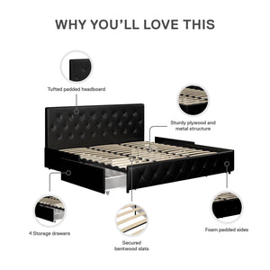 DHP Dakota Upholstered Bed Frame with Drawers - Black Faux Leather - King