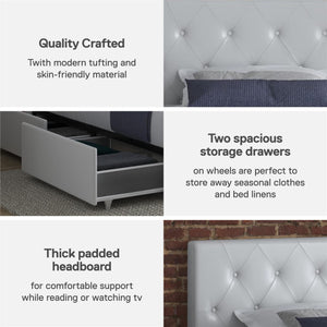 DHP Dakota Upholstered Bed Frame with Drawers - White Faux leather - Twin