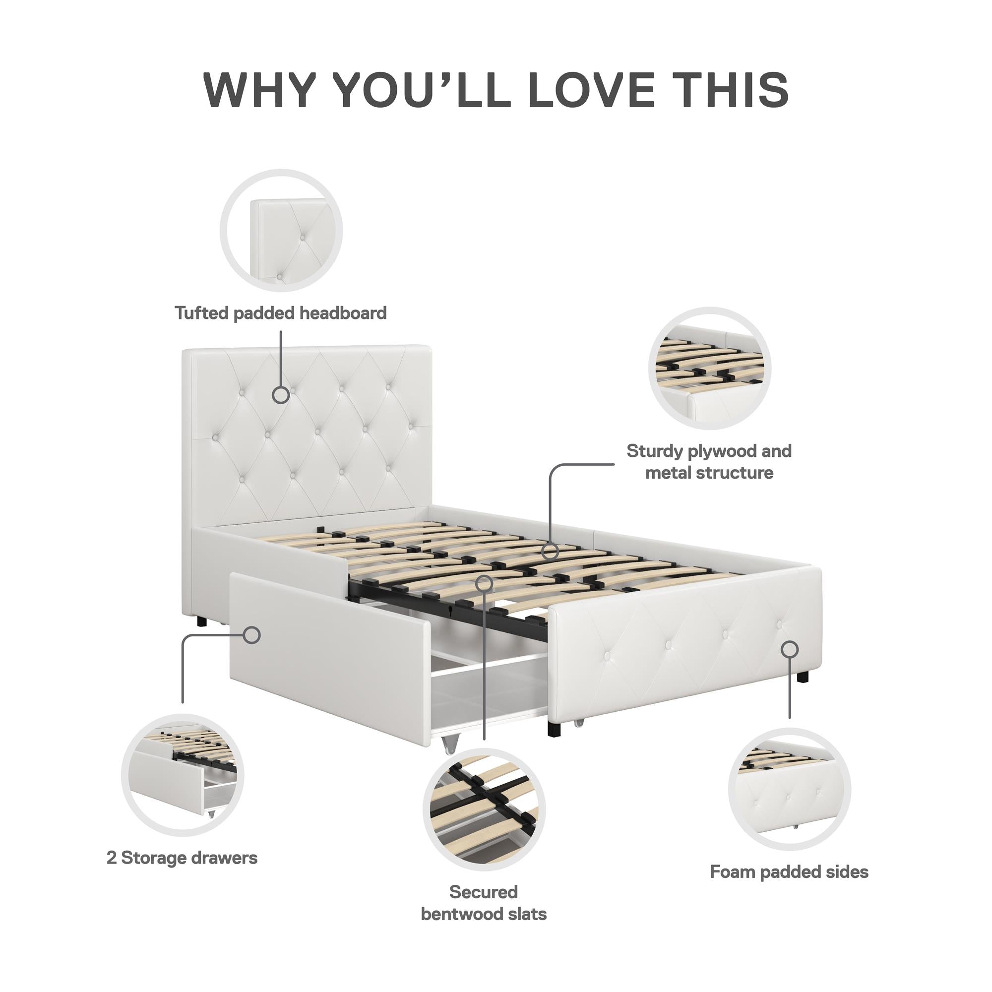 DHP Dakota Upholstered Bed Frame with Drawers - White Faux leather - Twin