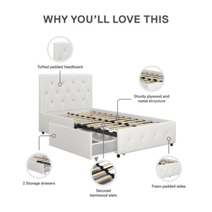 DHP Dakota Upholstered Bed Frame with Drawers - White Faux leather - Twin