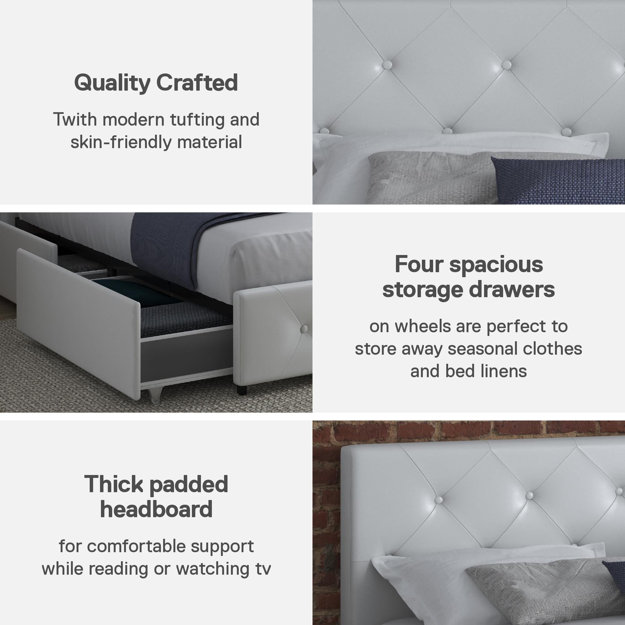 DHP Dakota Upholstered Bed Frame with Drawers - White Faux leather - Full