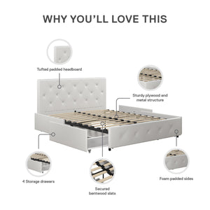 DHP Dakota Upholstered Bed Frame with Drawers - White Faux leather - Queen