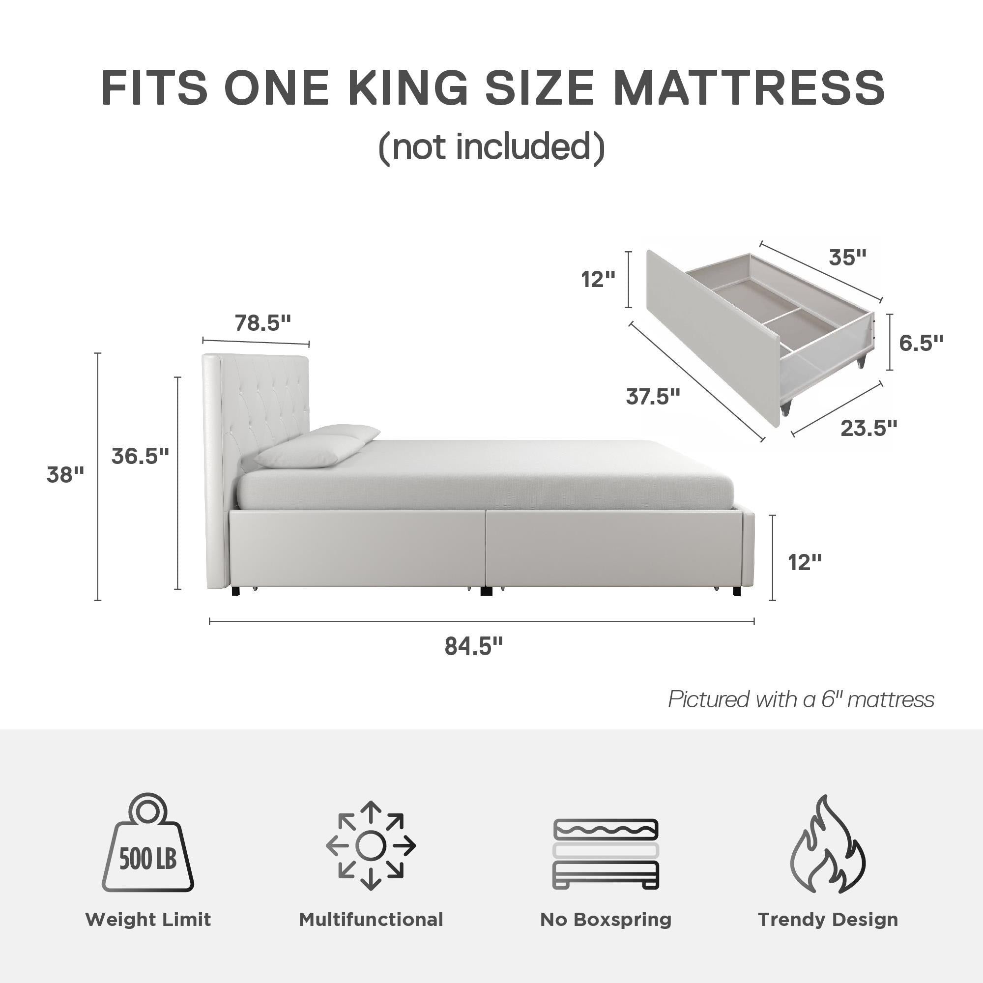 DHP Dakota Upholstered Bed Frame with Drawers - White Faux leather - King