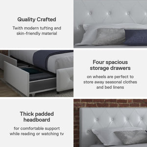 DHP Dakota Upholstered Bed Frame with Drawers - White Faux leather - King