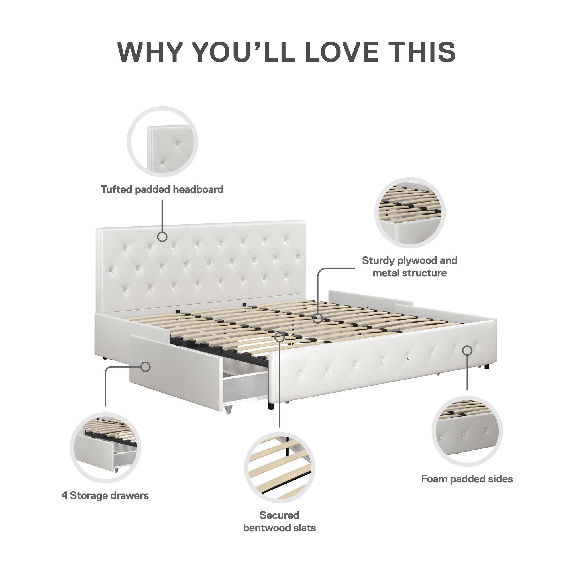 DHP Dakota Upholstered Bed Frame with Drawers - White Faux leather - King