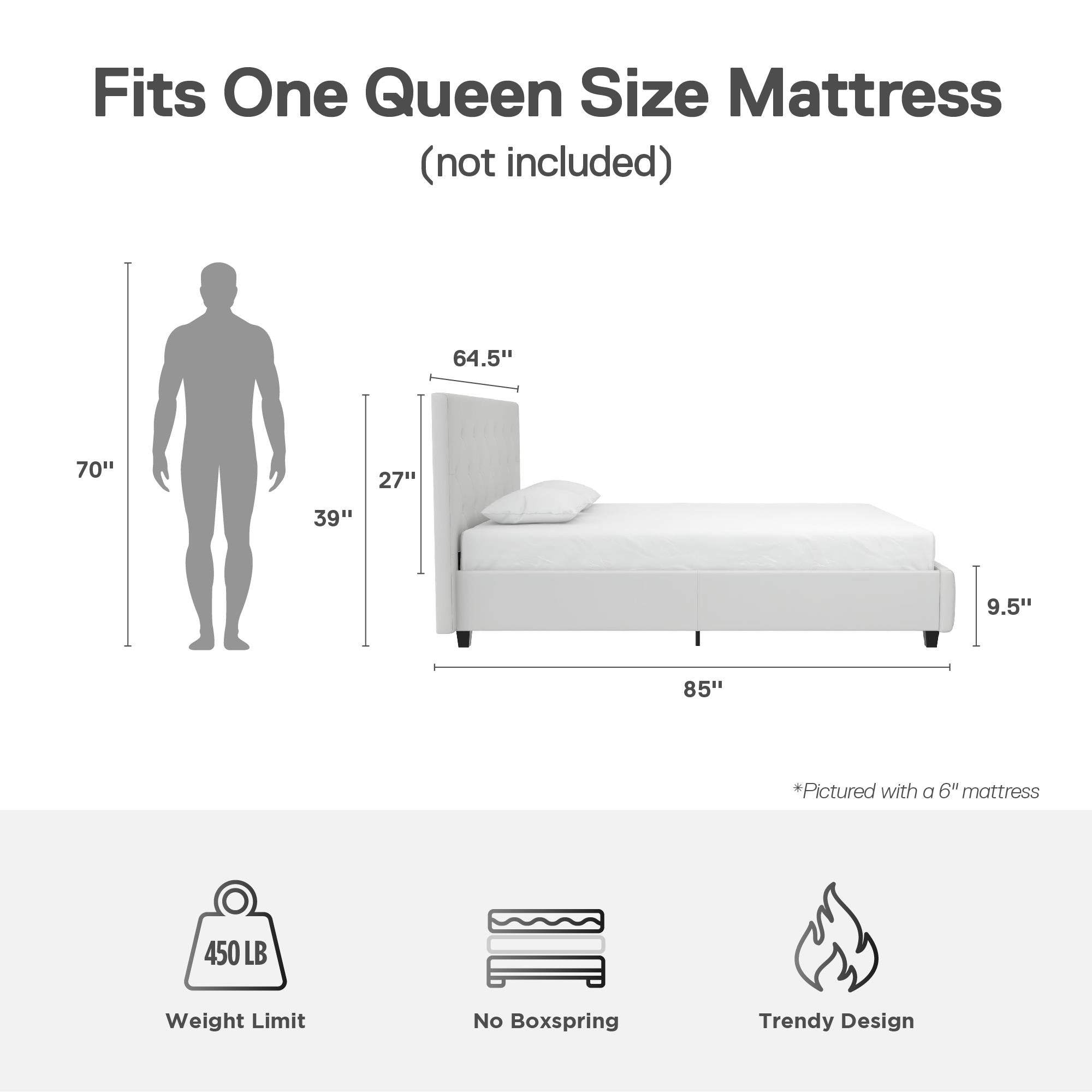 DHP Dakota Upholstered Bed Frame - White Faux leather - Queen