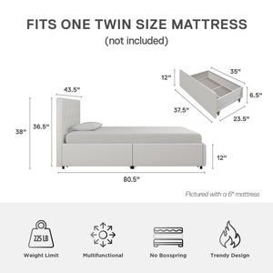 DHP Dakota Upholstered Bed Frame with Drawers - White Faux leather - Twin