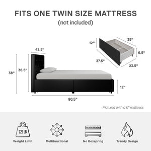 DHP Dakota Upholstered Bed Frame with Drawers - Black Faux Leather - Twin