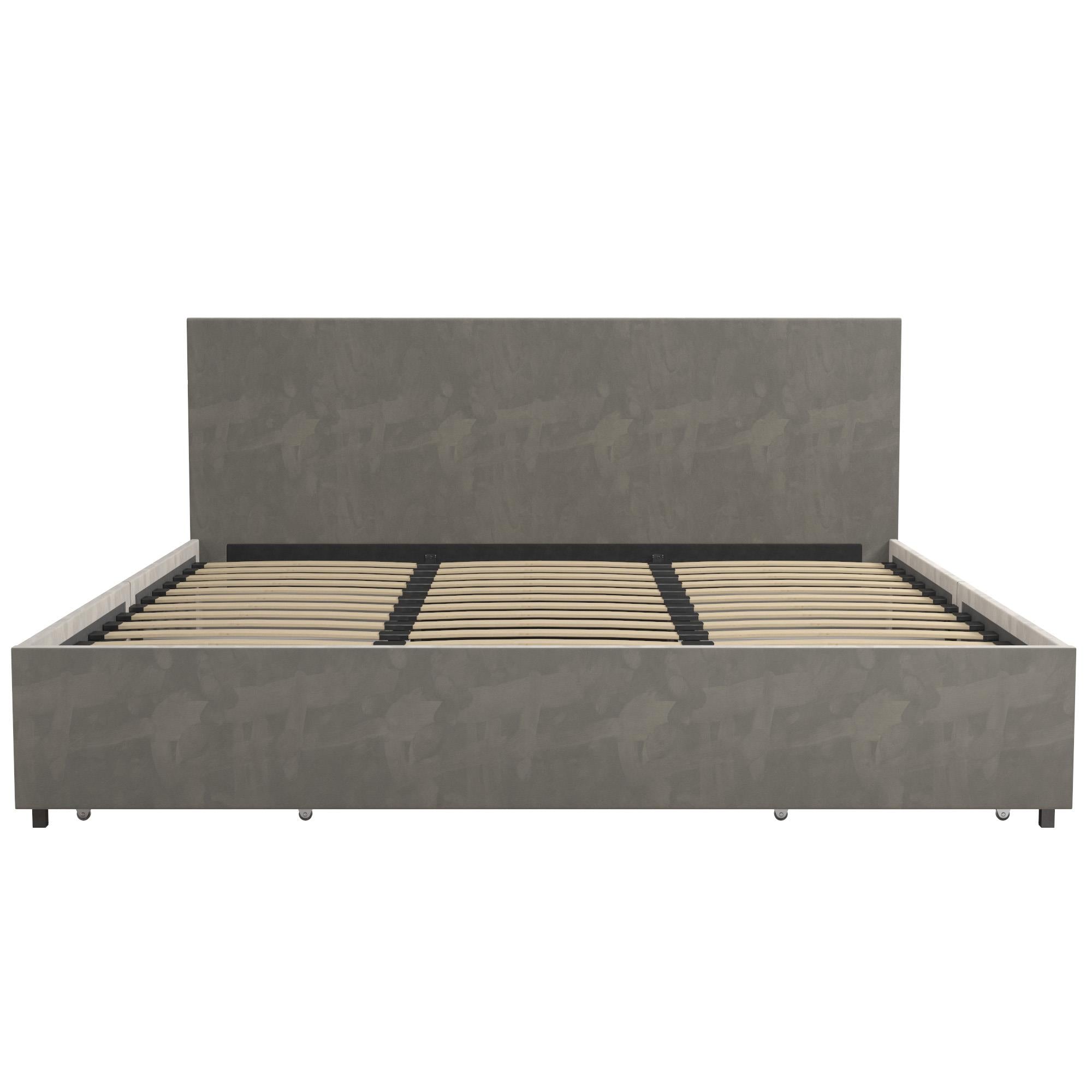 Novogratz Kelly Upholstered Bed with Storage Drawers, Light Gray Velvet, King - Light Gray - King